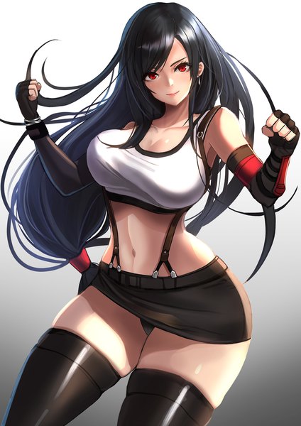 Anime picture 1240x1754 with final fantasy final fantasy vii square enix tifa lockhart rothy (user cezn8425) single long hair tall image looking at viewer fringe breasts light erotic black hair simple background smile red eyes large breasts standing bare shoulders payot