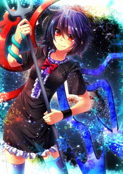 Anime picture 1200x1695 with touhou houjuu nue kuga huna single tall image short hair red eyes purple hair girl dress weapon wings frills star (stars)