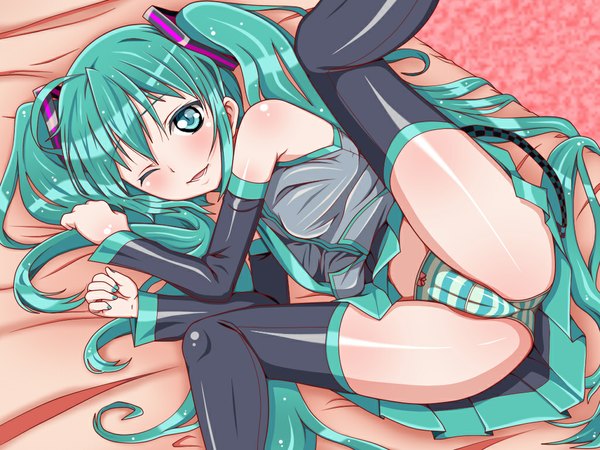 Anime picture 1024x768 with vocaloid hatsune miku j (shining-next) long hair light erotic twintails one eye closed aqua eyes wink aqua hair spread legs cameltoe girl thighhighs skirt underwear panties black thighhighs detached sleeves miniskirt
