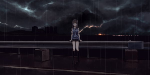 Anime picture 2070x1035 with original icemissile single long hair looking at viewer blush highres black hair wide image sky cloud (clouds) black eyes night arm support night sky rain wet clothes scenic sad girl