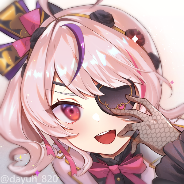 Anime picture 1500x1500 with virtual youtuber nijisanji nijisanji en maria marionette dayuh single long hair blush open mouth signed pink hair upper body :d pink eyes multicolored hair teeth streaked hair twitter username side ponytail girl