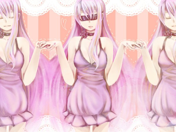 Anime picture 1152x864 with vocaloid megurine luka standing bare shoulders multiple girls pink hair cleavage eyes closed very long hair holding hands multiple persona girl dress 3 girls collar short dress eyepatch