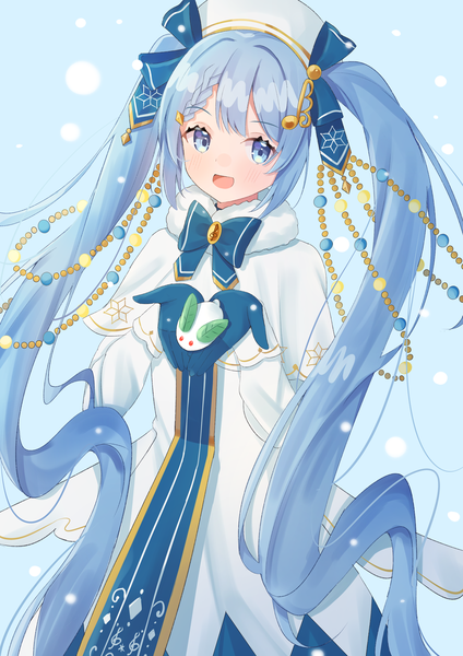 Anime picture 2894x4093 with vocaloid hatsune miku yuki miku yuki miku (2021) yuuna (vhux2273) single tall image looking at viewer highres open mouth blue eyes twintails blue hair very long hair :d blue background girl gloves hair ornament hairclip
