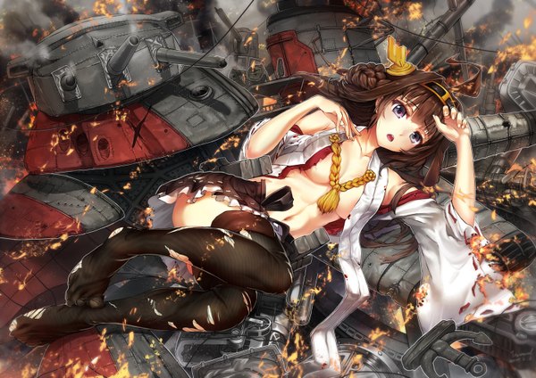 Anime picture 1500x1060 with kantai collection kongou battleship glycyrrhizae single long hair looking at viewer breasts open mouth light erotic brown hair ahoge grey eyes torn clothes nontraditional miko girl thighhighs navel hair ornament weapon black thighhighs