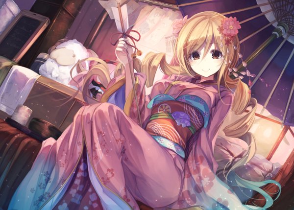 Anime picture 1400x1001 with mahou shoujo madoka magica shaft (studio) tomoe mami fal maro single long hair looking at viewer blush blonde hair smile sitting twintails brown eyes traditional clothes japanese clothes hair flower drill hair girl hair ornament flower (flowers)