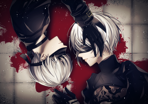 Anime picture 900x636 with nier nier:automata yorha no. 2 type b yorha no. 9 type s umeno shii short hair silver hair profile mole mole under mouth blindfold hand on another's head rotational symmetry girl boy gloves black gloves blood