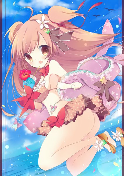 Anime picture 723x1023 with original umino mizu single long hair tall image looking at viewer open mouth light erotic blonde hair yellow eyes cloud (clouds) ass two side up jumping girl flower (flowers) bow swimsuit bikini drink