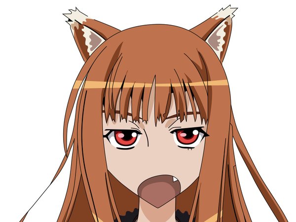 Anime picture 1600x1200 with spice and wolf horo single long hair looking at viewer open mouth simple background red eyes brown hair white background animal ears teeth fang (fangs) face vector wolf ears girl