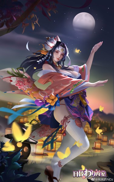 Anime picture 4062x6478 with daily interior room tagme (character) hongyan sutra single long hair tall image looking at viewer highres breasts light erotic black hair large breasts standing brown eyes signed payot absurdres cloud (clouds) outdoors traditional clothes