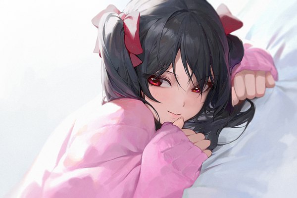Anime picture 1500x1002 with love live! school idol project sunrise (studio) love live! yazawa nico modare single long hair blush fringe black hair simple background hair between eyes red eyes twintails looking away upper body lying long sleeves sleeves past wrists girl