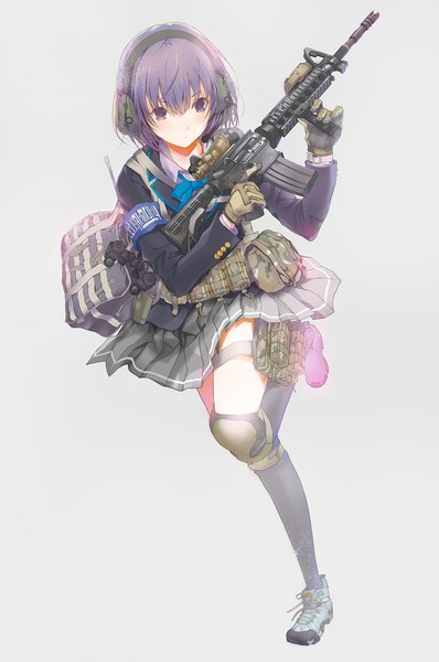 Anime picture 1062x1600 with original fuyuno haruaki single tall image looking at viewer short hair simple background white background purple eyes purple hair running girl skirt gloves weapon miniskirt shoes jacket belt headphones
