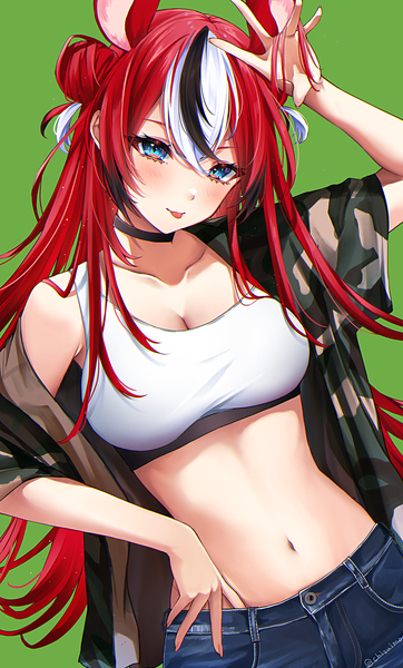 Anime picture 2000x3316 with virtual youtuber hololive hololive english hakos baelz sosuke (yrmon) single long hair tall image looking at viewer blush fringe highres breasts blue eyes simple background hair between eyes standing signed animal ears cleavage