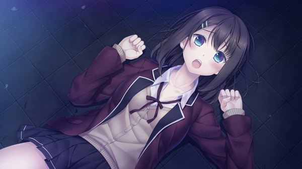 Anime picture 1922x1081 with our end of the world 33paradox single looking at viewer blush highres short hair open mouth blue eyes black hair wide image game cg lying open collar girl skirt uniform school uniform miniskirt