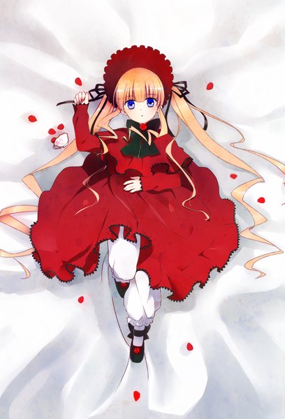 Anime-Bild 1000x1469 mit rozen maiden shinku single long hair tall image looking at viewer blush blue eyes blonde hair loli drill hair lolita fashion girl dress petals rose (roses) bonnet cup