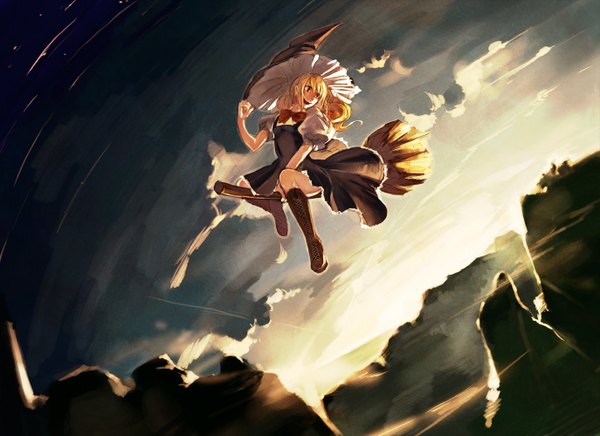 Anime picture 1374x1000 with touhou kirisame marisa amanohana single long hair blonde hair smile sky cloud (clouds) braid (braids) flying witch broom riding girl bow witch hat broom