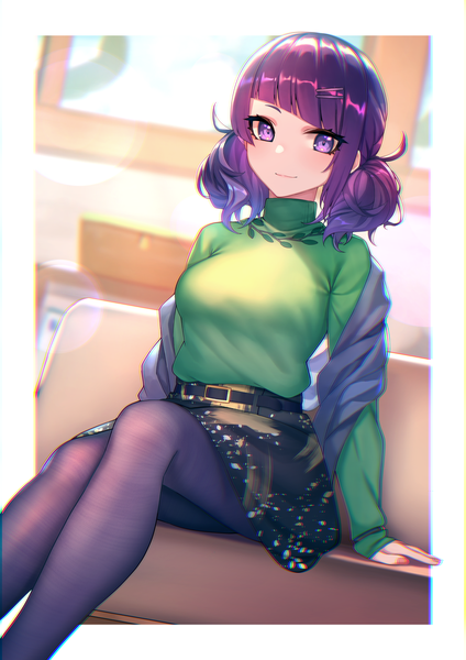 Anime picture 1416x2006 with idolmaster idolmaster shiny colors tanaka mamimi hrtyuk single tall image looking at viewer blush fringe short hair breasts large breasts sitting purple eyes twintails purple hair indoors blunt bangs fingernails light smile