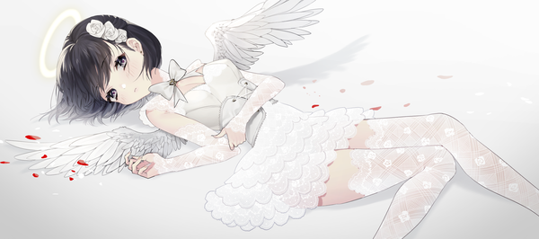 Anime picture 2400x1067 with original naomasap single looking at viewer blush fringe highres short hair breasts black hair simple background wide image cleavage lying hair flower fingernails grey background on back grey eyes angel wings