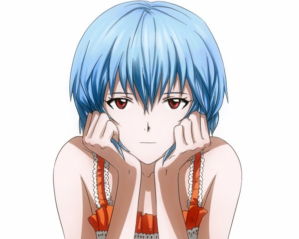 Anime picture 1280x1024 with neon genesis evangelion rebuild of evangelion evangelion: 2.0 you can (not) advance end of evangelion gainax ayanami rei baileyley single looking at viewer fringe short hair simple background red eyes white background bare shoulders blue hair hands on face girl sundress