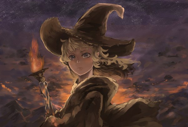 Аниме картинка 1685x1140 с оригинальное изображение kureta (nikogori) nikogori-mattyaduke один (одна) длинные волосы светлые волосы небо девушка шляпа ведьмина шляпа огонь факел