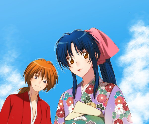 Anime picture 1200x1000 with rurouni kenshin himura kenshin kamiya kaoru yukimitsuki long hair looking at viewer blue eyes brown eyes blue hair sky cloud (clouds) ponytail traditional clothes japanese clothes orange hair kikumon boy ribbon (ribbons) hair ribbon kimono