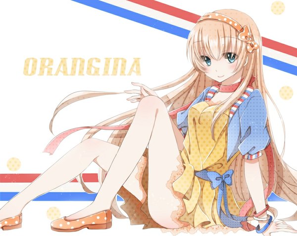 Anime picture 1006x800 with original orangina hiro (hirohiro31) single long hair looking at viewer blush blue eyes blonde hair light smile legs girl dress hairband