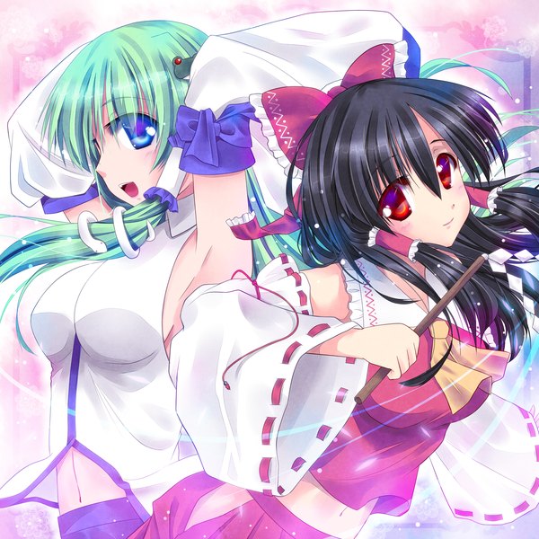 Anime picture 1600x1600 with touhou hakurei reimu kochiya sanae fule long hair looking at viewer blush blue eyes black hair smile red eyes multiple girls green hair armpit (armpits) midriff miko girl navel hair ornament bow