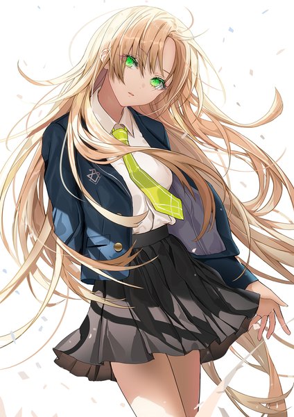 Anime picture 827x1169 with original lloule single long hair tall image looking at viewer fringe open mouth simple background blonde hair hair between eyes standing white background green eyes head tilt pleated skirt open clothes arm behind back girl skirt