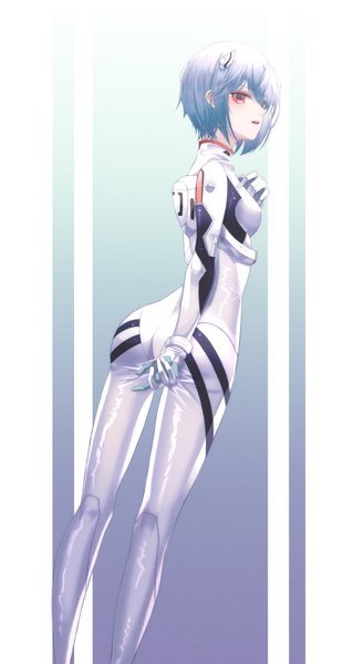 Anime picture 2131x4000 with neon genesis evangelion gainax ayanami rei domi (hyaku8795) single tall image looking at viewer blush fringe highres short hair breasts open mouth light erotic simple background hair between eyes red eyes standing blue hair ass