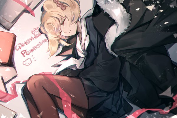 Anime picture 1000x666 with arknights gummy (arknights) skade single short hair blonde hair twintails animal ears lying eyes closed text on side short twintails sleeping happy birthday bear ears russian girl uniform ribbon (ribbons)