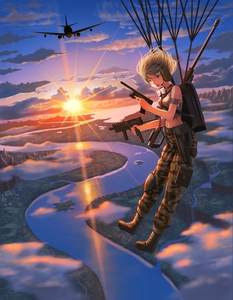 Anime picture 1000x1286 with original doora (dora0913) tall image short hair blonde hair brown eyes sky cloud (clouds) horizon river girl uniform weapon headphones gun military uniform sun aircraft airplane