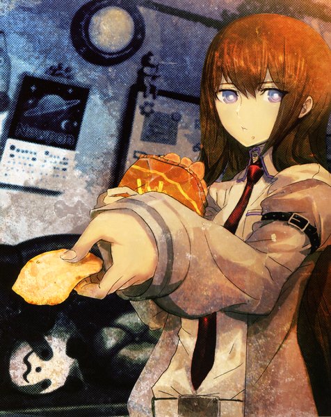 Anime picture 2809x3536 with steins;gate white fox makise kurisu huke single long hair tall image looking at viewer highres blue eyes brown hair girl shirt necktie jacket chips