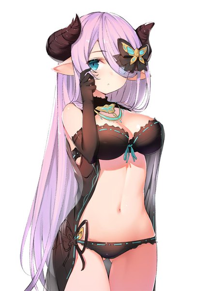 Anime-Bild 936x1374 mit granblue fantasy narmaya (granblue fantasy) gin00 single long hair tall image looking at viewer blush fringe breasts open mouth blue eyes light erotic simple background large breasts standing white background cleavage purple hair arm up