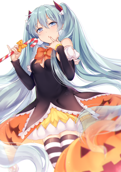 Anime picture 700x1000 with vocaloid hatsune miku mery (yangmalgage) single tall image fringe blue eyes simple background white background looking away very long hair aqua hair from below finger to mouth halloween girl thighhighs detached sleeves earrings food
