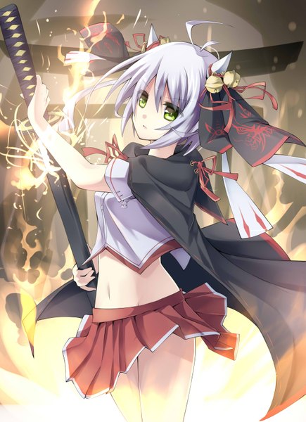 Anime picture 2208x3047 with original makadamia single tall image looking at viewer highres short hair green eyes silver hair pleated skirt horn (horns) midriff girl navel hair ornament ribbon (ribbons) weapon sword katana bell