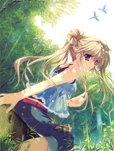 Anime picture 2360x3135 with izumi tsubasu single long hair tall image highres blonde hair purple eyes twintails bare shoulders looking back girl animal tree (trees) bird (birds) leaf (leaves) forest squirrel