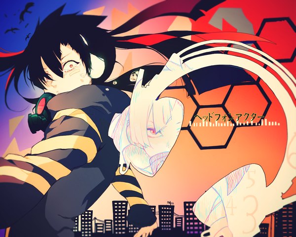 Anime picture 1280x1024 with kagerou project shaft (studio) enomoto takane souno kazuki (artist) single long hair looking at viewer black hair red eyes twintails sky looking back tears hieroglyph bandaid on face girl animal headphones bird (birds) building (buildings)