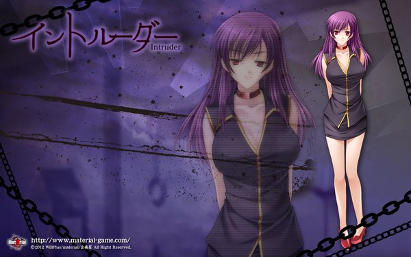 イラスト 1920x1200 と intruder saeko yamamoto kazue 長髪 highres wide image 立つ 紫目 purple hair zoom layer 女の子 スカート ミニスカート 首輪