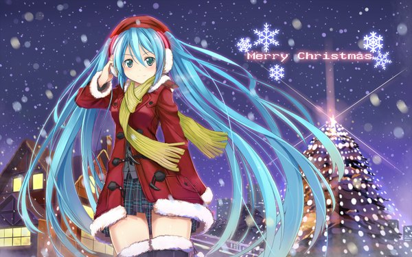Anime picture 1600x1000 with vocaloid hatsune miku beek (artist) single long hair wide image twintails green eyes blue hair fur trim snowing christmas winter merry christmas girl scarf star (symbol) fur coat snowflake (snowflakes)