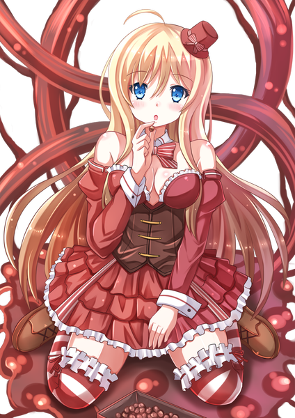 Anime picture 1000x1414 with noucome chocolat (noucome) kazenokaze single long hair tall image blush open mouth blue eyes blonde hair ahoge transparent background girl thighhighs dress hat detached sleeves frills striped thighhighs