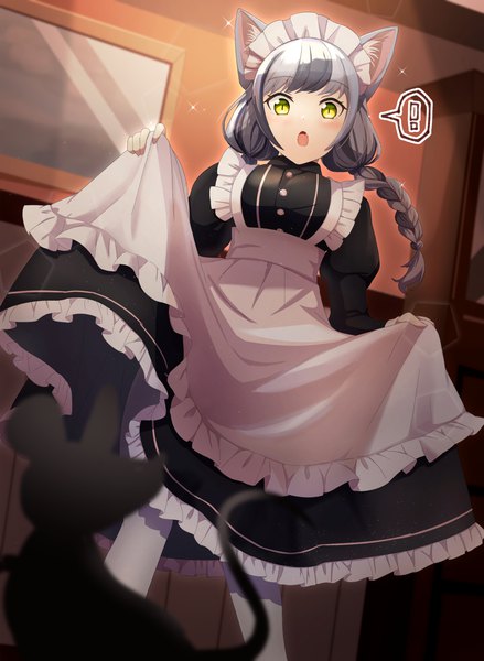 Anime picture 1004x1371 with original itsumiruka single long hair tall image open mouth green eyes animal ears indoors braid (braids) multicolored hair grey hair cat ears two-tone hair :o sparkle maid twin braids slit pupils animal eyes