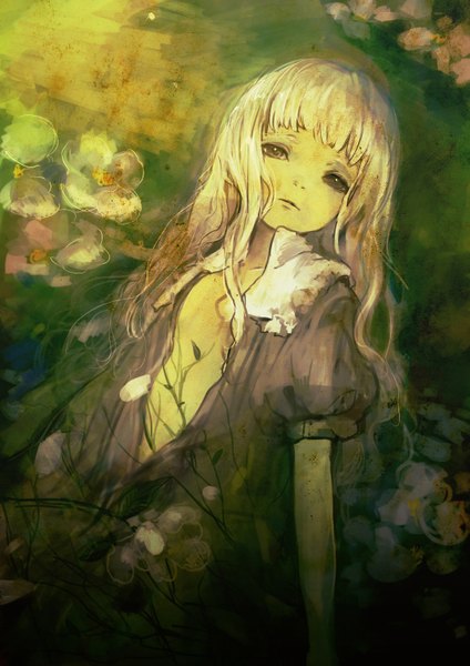 Anime picture 1061x1500 with dohi (bonno) single long hair tall image fringe blonde hair brown eyes girl flower (flowers) petals
