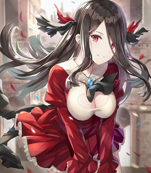 Anime picture 2643x3027 with original rin yuu single long hair tall image looking at viewer blush fringe highres breasts light erotic black hair smile red eyes large breasts standing payot parted lips wind hair over one eye