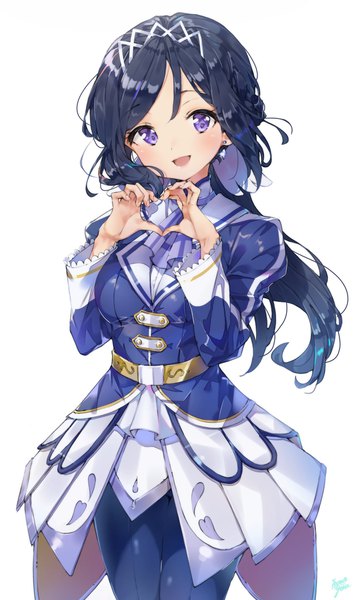 Anime picture 1219x2048 with love live! sunshine!! sunrise (studio) love live! matsuura kanan takenoko no you single long hair tall image looking at viewer blush open mouth black hair simple background standing white background purple eyes heart hands girl earrings tiara