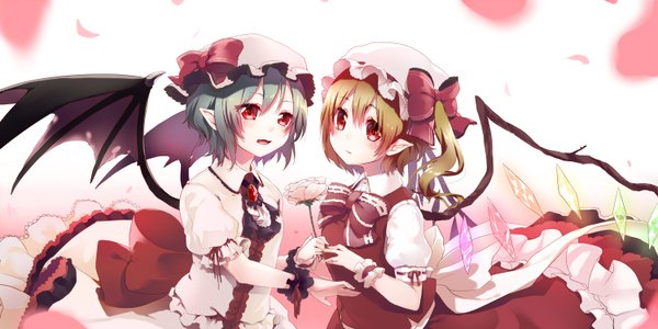 Anime picture 1500x750 with touhou flandre scarlet remilia scarlet hijiri-ssh blush short hair blonde hair red eyes wide image multiple girls blue hair pointy ears girl dress bow 2 girls petals wings frills bonnet