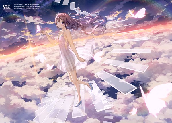 Anime picture 4926x3517 with original kantoku single long hair looking at viewer fringe highres breasts light erotic brown hair standing purple eyes bare shoulders absurdres sky cleavage cloud (clouds) parted lips arm up wind