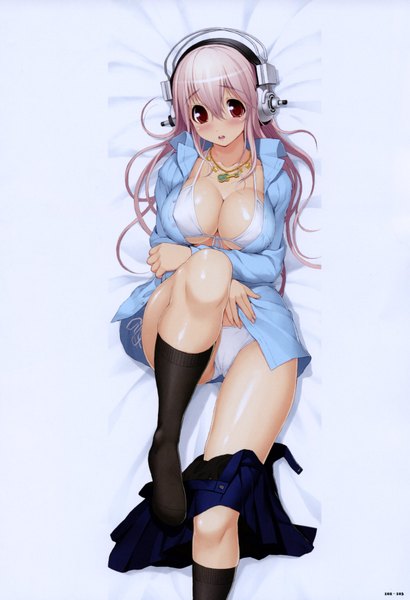Anime picture 2373x3468 with nitroplus super sonico tsuji santa single long hair tall image highres breasts open mouth light erotic large breasts pink hair scan open clothes open shirt legs cameltoe girl swimsuit bikini