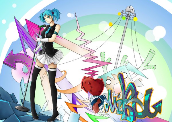 Anime picture 4960x3507 with original vocaloid hatsune miku hatsune tuya dongxiaoxuan single highres short hair standing twintails bare shoulders looking away absurdres pleated skirt aqua eyes aqua hair sleeveless facial mark girl skirt