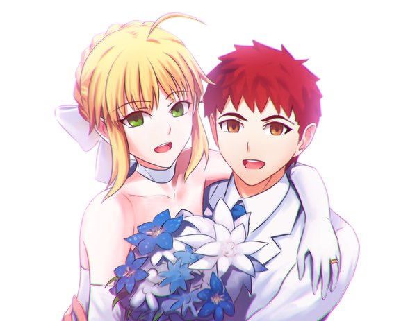 Anime picture 1284x992 with fate (series) fate/stay night artoria pendragon (all) saber emiya shirou fateline alpha looking at viewer fringe short hair open mouth blonde hair simple background brown hair white background bare shoulders brown eyes green eyes payot ahoge upper body