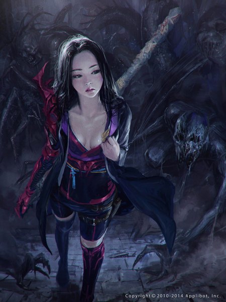 Anime picture 3000x4000 with totorrl (artist) single tall image highres open mouth black hair holding looking away cleavage traditional clothes from above lips black eyes walking demon girl weapon obi monster