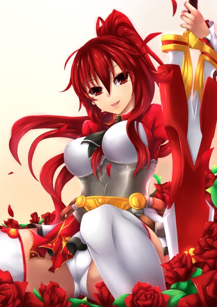 Anime picture 2000x2828 with elsword elesis (elsword) fi-san single long hair tall image looking at viewer blush highres breasts open mouth light erotic smile red eyes large breasts sitting ponytail red hair spread legs cameltoe